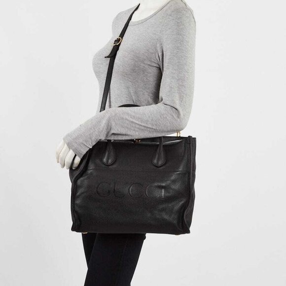 Gucci Black Pebbled Leather Small Logo Tote Bag - Picture 3 of 12